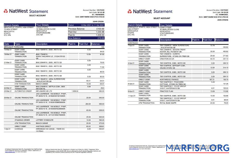 Realistic United Kingdom Natwest bank statement excel (2 pages) sample